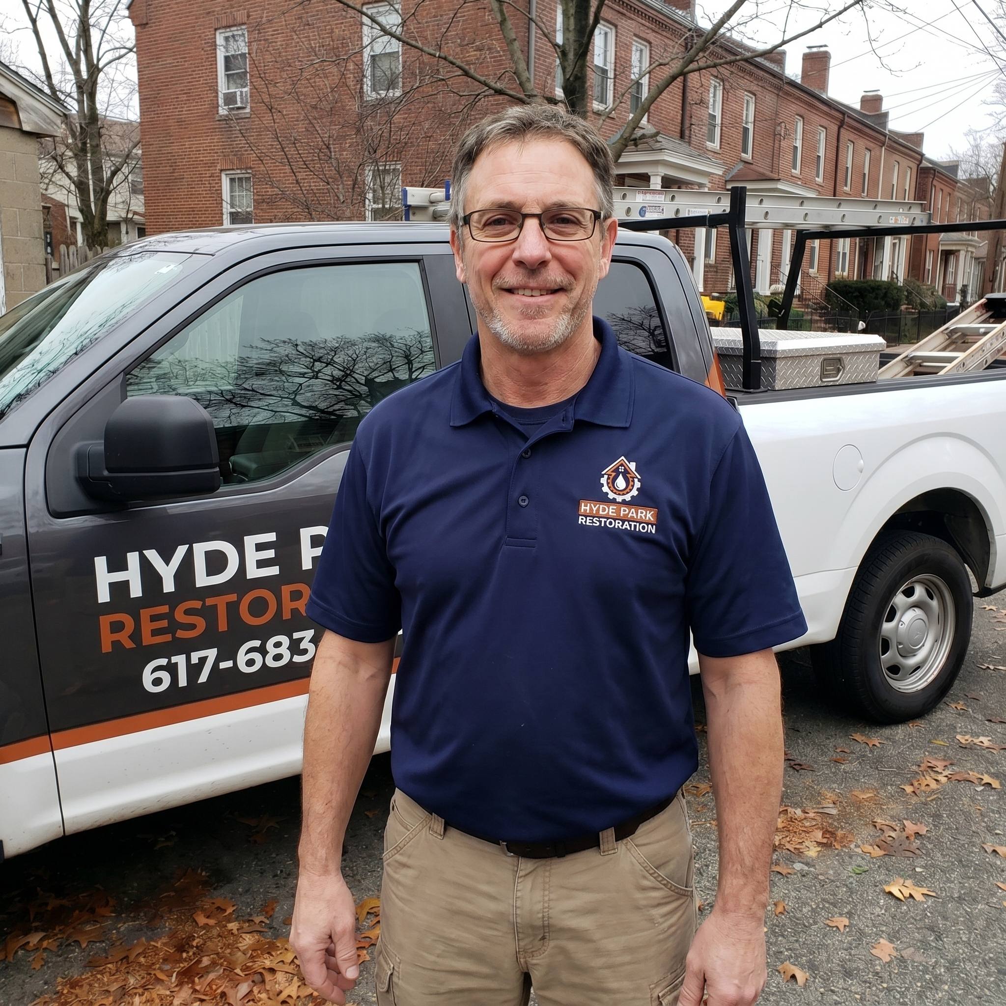 Theodore Eaton, founder of Hyde Park Restoration, in front of the company truck